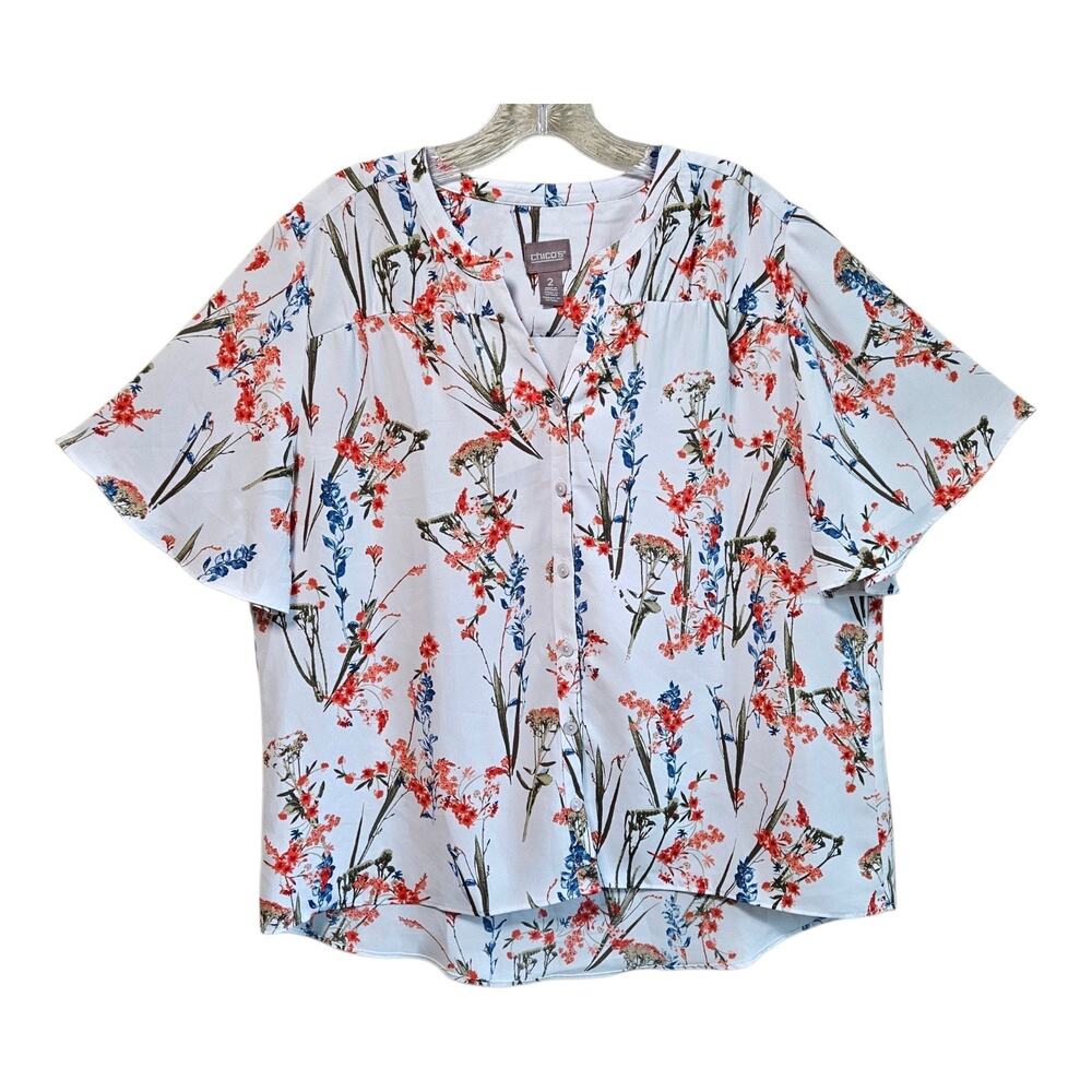 CHICO'S 2 Women L Blouse Button Up Floral White Pink Blue Short Sleeve Bust 44"